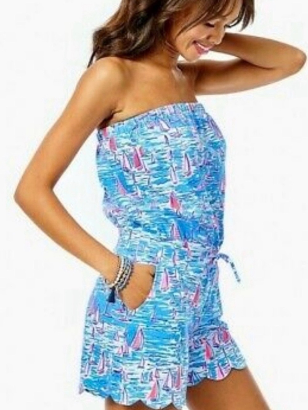 Lilly Pulitzer Blue Pink Sailboat Print Womens Romper